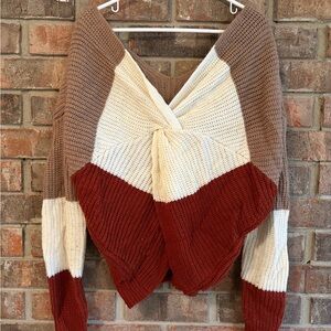 No Boundaries V-Neck Colorblock Sweater - Brown, Cream, Red